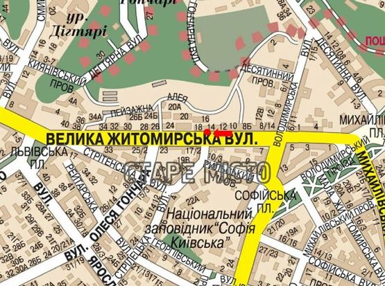 Схема рекламної площини за адресою Б. Житомирская ул., 16 / Стрелецкая, светофор, в сторону Львовская пл.