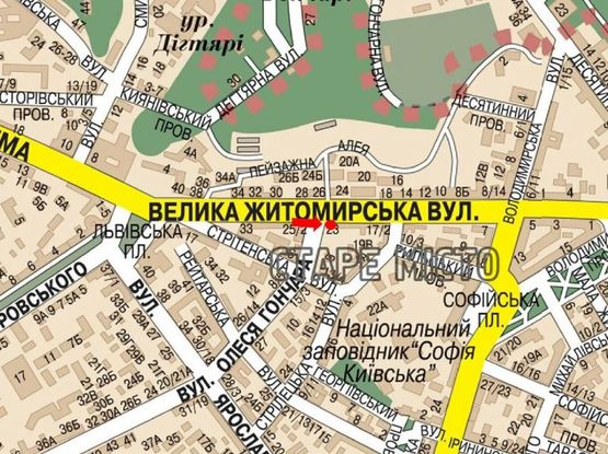 Схема рекламної площини за адресою Б. Житомирская ул., 23 / Гончара ул., светофор, в сторону ул. Крещатик