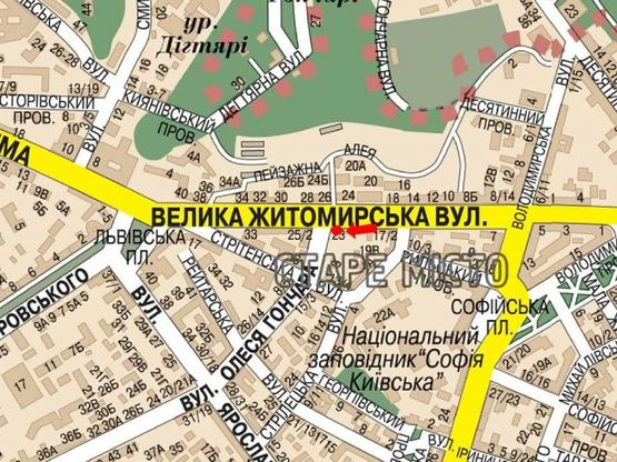 Схема рекламної площини за адресою Б. Житомирская ул., 23 / Гончара ул., светофор, в сторону Львовская пл.