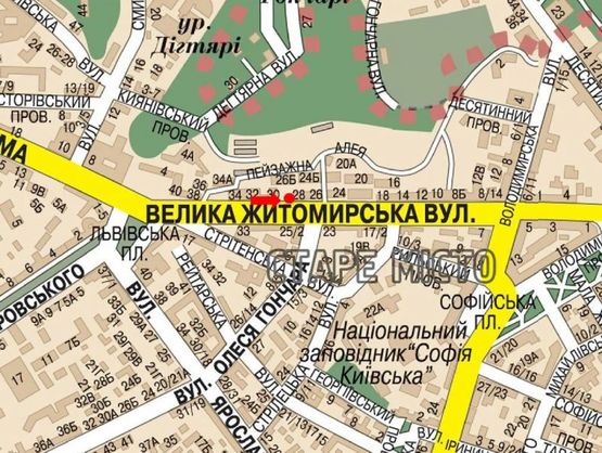 Схема рекламної площини за адресою Б. Житомирская ул., 28, в сторону Владимирская ул.