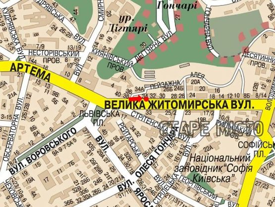 Схема рекламної площини за адресою Б. Житомирская ул., 34, в сторону Владимирская ул.