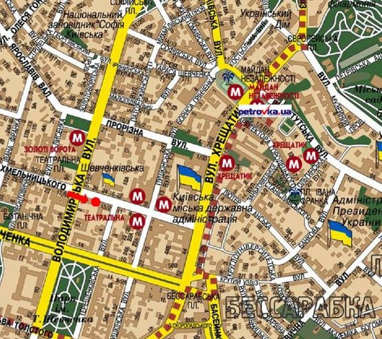 Схема рекламной плоскости по адресу Хмельницкого ул., 15, напротив ресторана "Рукола", в сторону Крещатик ул.