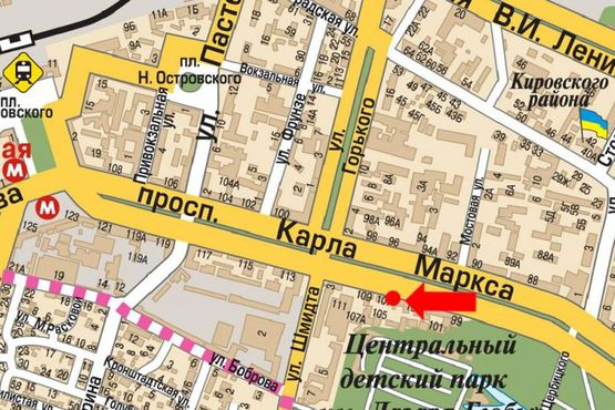 Схема рекламной плоскости по адресу Яворницкого пр. (бывш. Маркса пр.), 105, супермаркет "Сильпо"