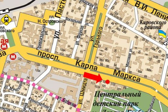 Схема рекламной плоскости по адресу Яворницкого пр. (бывш. Маркса пр.), 105, супермаркет "Сильпо"