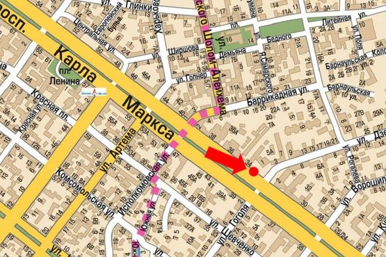 Схема рекламной плоскости по адресу Яворницкого пр. (бывш. Маркса пр.) / Вернадского ул. (бывш. Дзержинского ул.), 1-3