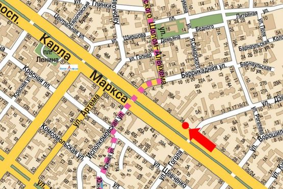 Схема рекламной плоскости по адресу Яворницкого пр. (бывш. Маркса пр.) / Вернадского ул. (бывш. Дзержинского ул.), 1-3