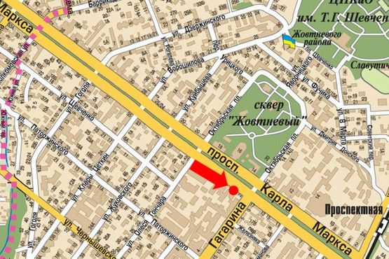 Схема рекламной плоскости по адресу Яворницкого пр. (бывш. Маркса пр.), 19 / Гагарина пр., Горная Академия