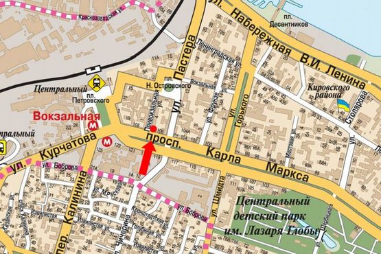 Схема рекламной плоскости по адресу Привокзальная ул. / Яворницкого пр. (бывш. Маркса пр.), 105