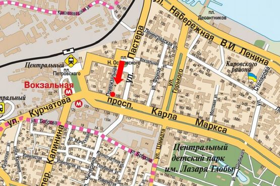 Схема рекламной плоскости по адресу Привокзальная ул. / Яворницкого пр. (бывш. Маркса пр.), 105