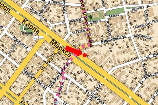 Схема рекламной плоскости по адресу Яворницкого пр. (бывш. Маркса пр.), 38, возле ресторана "Репортер"