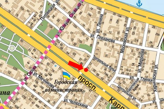 Схема рекламной плоскости по адресу Яворницкого пр. (бывш. Маркса пр.), 58 / Воскресенская ул. (бывш. Ленина ул.), 13