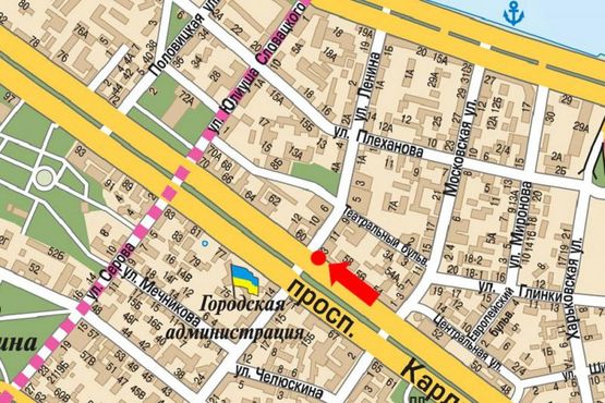 Схема рекламної площини за адресою Яворницкого пр. (бывш. Маркса пр.), 58 / Воскресенская ул. (бывш. Ленина ул.), 13