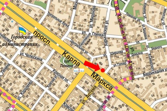 Схема рекламной плоскости по адресу Яворницкого пр. (бывш. Маркса пр.), 46, банк "Приватбанк"