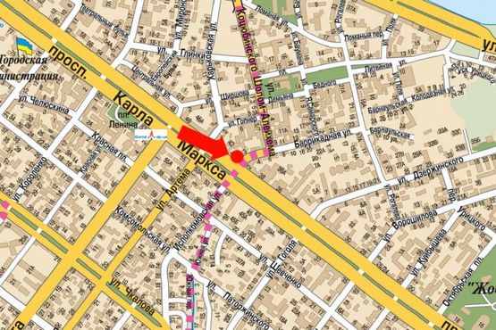 Схема рекламной плоскости по адресу Яворницкого пр. (бывш. Маркса пр.) / Барикадная ул., кафе "Гриль"