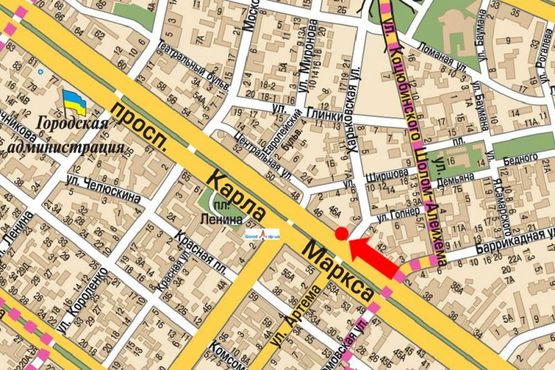 Схема рекламної площини за адресою Яворницкого пр. (бывш. Маркса пр.) / Барикадная ул., кафе "Гриль"