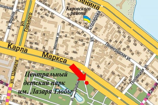 Схема рекламной плоскости по адресу Яворницкого пр. (бывш. Маркса пр.), парк им. Глобы, из центра