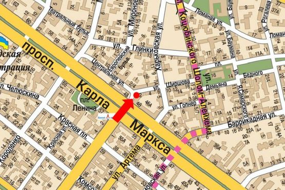 Схема рекламної площини за адресою Ширшова ул. / Центральная ул., магазин "Трембита"