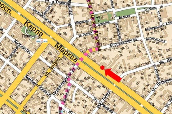 Схема рекламної площини за адресою Яворницкого пр. (бывш. Маркса пр.), 34, возле оружейного  магазина "Беркут"