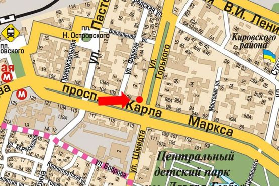 Схема рекламной плоскости по адресу Яворницкого пр. (бывш. Маркса пр.), 100 / Княгини Ольги ул. (бывш. Горького ул.), центральный рынок "Озерка"