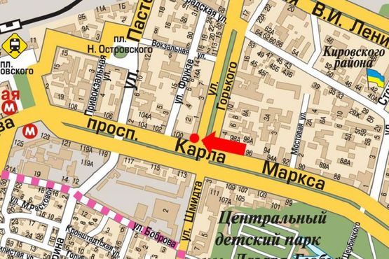 Схема рекламной плоскости по адресу Яворницкого пр. (бывш. Маркса пр.), 100 / Княгини Ольги ул. (бывш. Горького ул.), центральный рынок "Озерка"