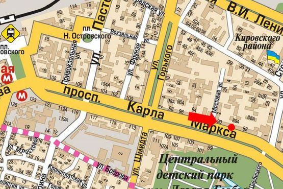 Схема рекламной плоскости по адресу Яворницкого пр. (бывш. Маркса пр.), 90, магазин "Киевстар"