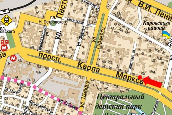 Схема рекламной плоскости по адресу Яворницкого пр. (бывш. Маркса пр.), 90, магазин "Киевстар"