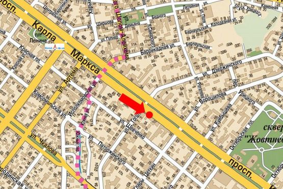 Схема рекламной плоскости по адресу Яворницкого пр. (бывш. Маркса пр.), 39 / Гоголя ул., возле салона "Лотто"