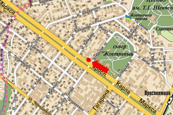 Схема рекламной плоскости по адресу Яворницкого пр. (бывш. Маркса пр.), 20, напротив кафе "Friends Time"