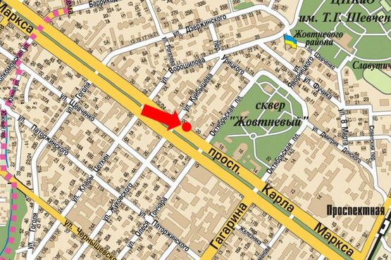 Схема рекламной плоскости по адресу Яворницкого пр. (бывш. Маркса пр.), 20, возле магазина "Обувь"