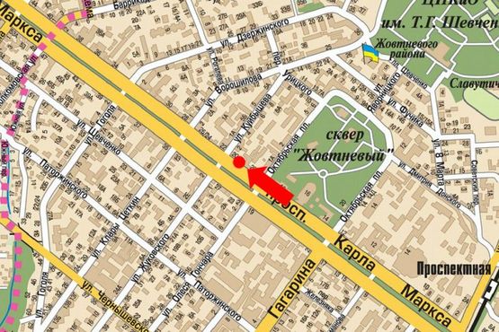 Схема рекламной плоскости по адресу Яворницкого пр. (бывш. Маркса пр.), 20, возле магазина "Обувь"