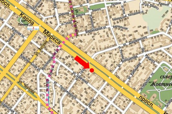 Схема рекламной плоскости по адресу Яворницкого пр. (бывш. Маркса пр.), 39, магазин "Анди"