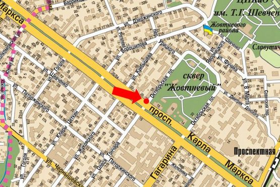 Схема рекламної площини за адресою Яворницкого пр. (бывш. Маркса пр.), 20 / Соборная пл. (бывш. Октябрьская пл.), возле "Интернет кафе"