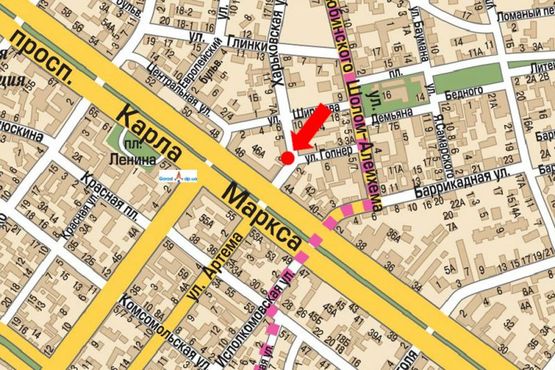 Схема рекламной плоскости по адресу Яворницкого пр. (бывш. Маркса пр.) / Харьковская ул., возле магазина "Имидж"