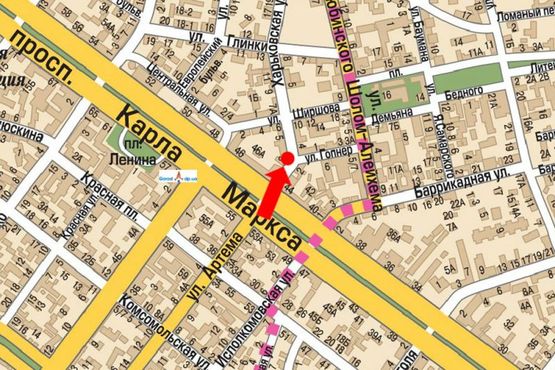 Схема рекламної площини за адресою Яворницкого пр. (бывш. Маркса пр.) / Харьковская ул., возле магазина "Имидж"