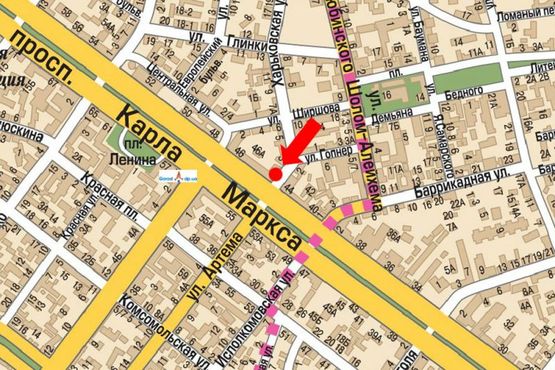 Схема рекламной плоскости по адресу Яворницкого пр. (бывш. Маркса пр.) / Харьковская ул., возле магазина "ХИТ"