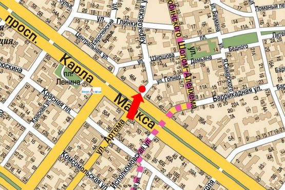 Схема рекламної площини за адресою Яворницкого пр. (бывш. Маркса пр.) / Харьковская ул., возле магазина "ХИТ"