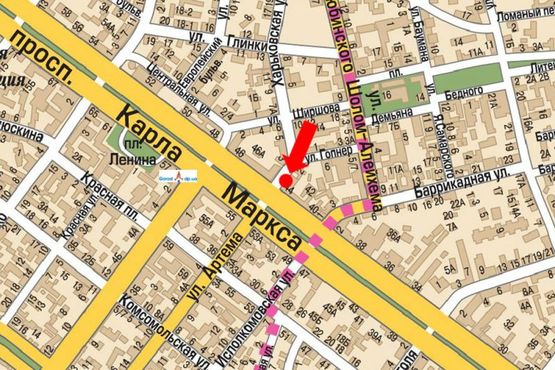 Схема рекламной плоскости по адресу Яворницкого пр. (бывш. Маркса пр.), 44 / Харьковская ул., 2