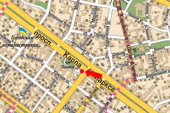 Схема рекламної площини за адресою Яворницкого пр. (бывш. Маркса пр.), 57 / Грушевского ул. (бывш. Либкнехта ул.)