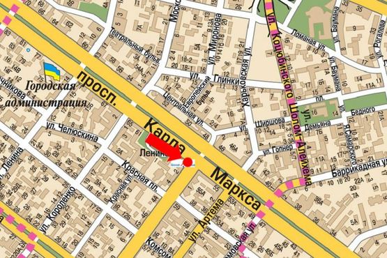 Схема рекламной плоскости по адресу Яворницкого пр. (бывш. Маркса пр.), 57 / Грушевского ул. (бывш. Либкнехта ул.)