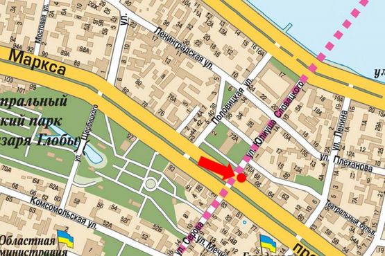 Схема рекламної площини за адресою Яворницкого пр. (бывш. Маркса пр.) / Фабра ул. (бывш. Серова ул.)