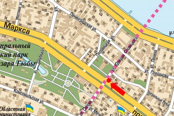 Схема рекламної площини за адресою Яворницкого пр. (бывш. Маркса пр.) / Фабра ул. (бывш. Серова ул.)