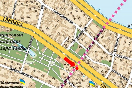 Схема рекламной плоскости по адресу Яворницкого пр. (бывш. Маркса пр.), 83 / Фабра ул. (бывш. Серова ул.)