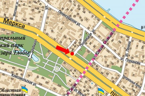 Схема рекламной плоскости по адресу Яворницкого пр. (бывш. Маркса пр.), 72 / Половицкая ул., кафе "Coffee Life", театр Оперы и балета