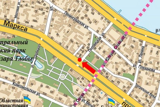 Схема рекламной плоскости по адресу Яворницкого пр. (бывш. Маркса пр.), 72 / Половицкая ул., кафе "Coffee Life", театр Оперы и балета