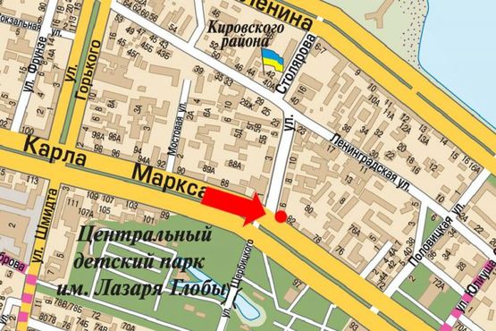 Схема рекламной плоскости по адресу Яворницкого пр. (бывш. Маркса пр.) / Столярова ул., кинотеатр "Родина"