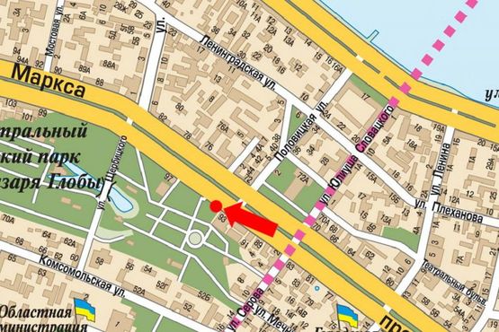 Схема рекламной плоскости по адресу Яворницкого пр. (бывш. Маркса пр.), 93, Дом Профсоюзов, парк им. Глобы, из центра