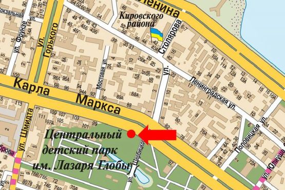 Схема рекламної площини за адресою Яворницкого пр. (бывш. Маркса пр.), парк им. Глобы, из центра