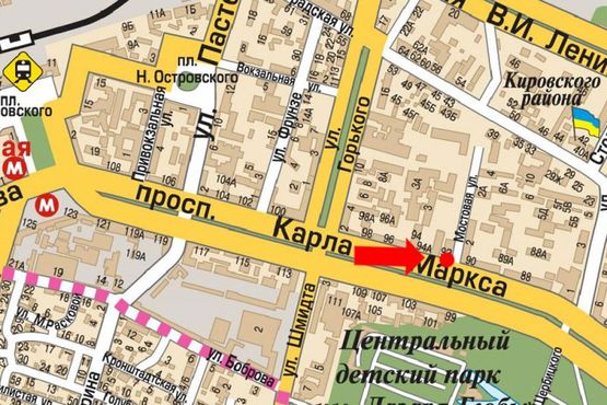 Схема рекламної площини за адресою Яворницкого пр. (бывш. Маркса пр.), 92, магазин "1000 мелочей"