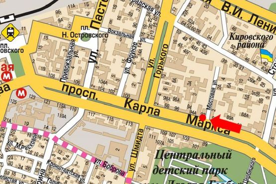 Схема рекламной плоскости по адресу Яворницкого пр. (бывш. Маркса пр.), 92, магазин "1000 мелочей"