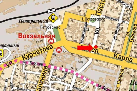 Схема рекламної площини за адресою Яворницкого пр. (бывш. Маркса пр.), 104 / Пастера ул., рынок "Озерка"